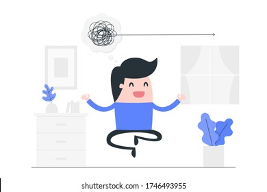 Piensen bien. Joven manejando su pensamiento. Ilustración del concepto de meditación.