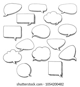 Think & talk speech bubbles. Artistic collection of hand drawn doodle style comic balloon, cloud and heart. Vector illustration in sketch style.