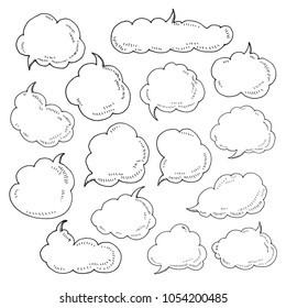 Think & talk speech bubbles. Artistic collection of hand drawn doodle style comic balloon, cloud and heart. Vector illustration in sketch style.