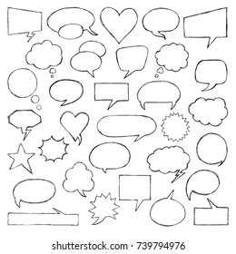 Think & talk speech bubbles. Artistic collection of hand drawn doodle style comic balloon, cloud and heart. Vector illustration in sketch style.
