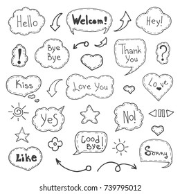 Think & talk speech bubbles. Artistic collection of hand drawn doodle style comic balloon, cloud and heart. Vector illustration in sketch style.