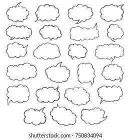 Think & talk speech bubbles. Artistic collection of hand drawn doodle style comic balloon, cloud and heart. Vector illustration in sketch style.