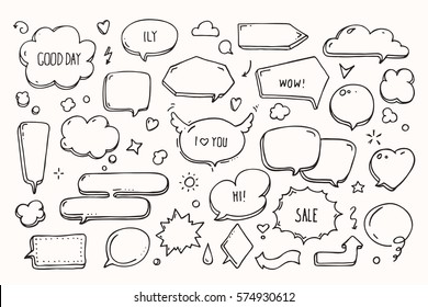 Think & talk speech bubbles with love message, greetings and sale ad. Artistic collection of hand drawn doodle style comic balloon, cloud, heart shaped design elements. Isolated vector set.