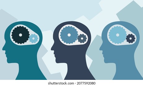 Think Tank or Brainstorming. Flat illustration profile of human heads with gears inside of them.