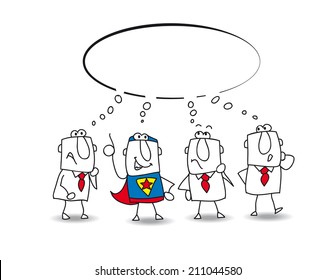 think tank with a superhero. this teamwork thinks about a lot of ideas with a super businessman