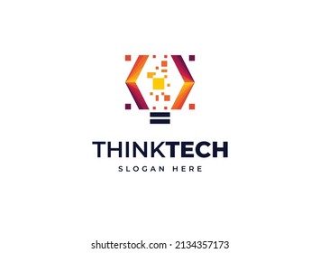 Think Technology Light Bulb Smart Electricity Idea Vector Logo Design, Creative Stack Pixels Tech Particles Icon Logo Design