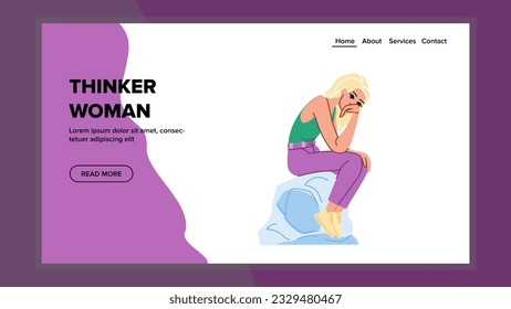 think thinker woman vector. concept expression, young brunette, beautiful face think thinker woman web flat cartoon illustration