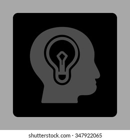 Think vector icon. Style is flat rounded square button, gray and black colors, silver background.