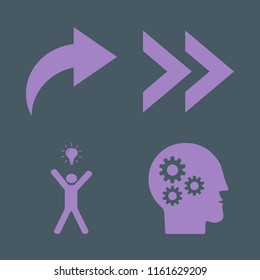 think vector icons set. with happy man bulb, gear head and right arrow in set