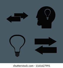 think vector icons set. with left right arrows, bulb head and bulb in set