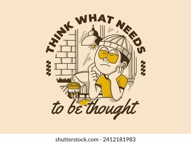 Think what needs to be thought. Vintage illustration of a boy in cafe is thinking about something
