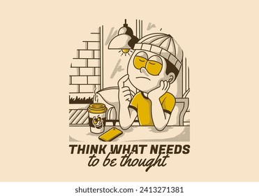 Think what needs to be thought. Vintage illustration of a boy in cafe is thinking about something