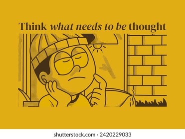 Think what needs to be thought. Vintage illustration of a boy in cafe is thinking about something