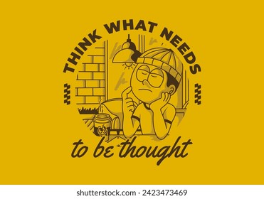Think what needs to be thought. Vintage illustration of a boy in cafe is thinking about something