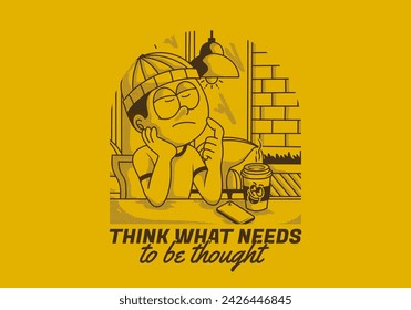 Think what needs to be thought. Vintage illustration of a boy in cafe is thinking about something