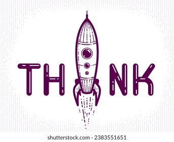 Think word with pencil instead of letter I, ideas and brainstorm concept, vector conceptual creative logo or poster made with special font.