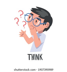 Think Word, the Verb Expressing the Action, Children Education Concept Cartoon Style, Cute Thinking Boy Vector Illustration