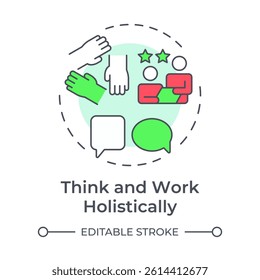 Think and work holistically multi color concept icon. Teamwork assistance, support. Round shape line illustration. Abstract idea. Graphic design. Easy to use in blog post, presentation