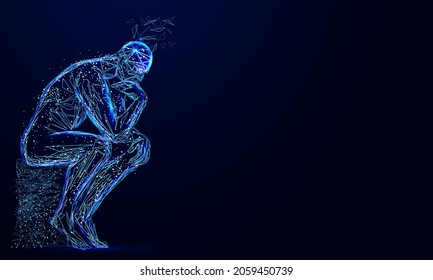Thinker with broken head in wireframe polygonal style, brain thinking concept. Vector business