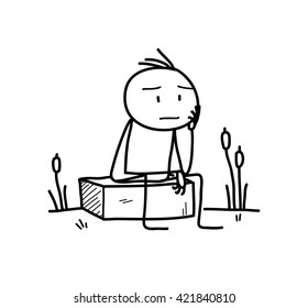The Thinker, a hand drawn vector doodle illustration of a stick figure pondering about something.