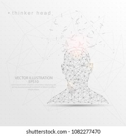 Thinker head front view shape point, line and composition digitally drawn in the form of broken a part triangle shape and scattered dots low poly wire frame on white background.