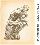 Thinker man hand drawn vector. The Thinker Statue by the French Sculptor Rodin