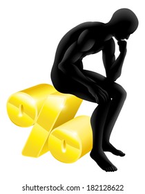 Thinker percentage rate concept, man sitting on a gold percentage sign