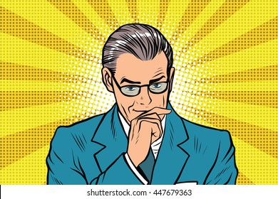 The thinker thinking man pose a sun rays background pop art retro vector