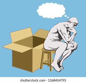 The Thinker thinking outside the box is a metaphor meaning to think differently, unconventionally, or from a new perspective. The phrase also often refers to novel or creative thinking.
