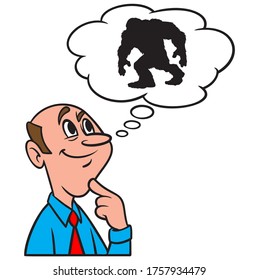 Thinking about Bigfoot - A cartoon illustration of a man thinking about the search for Bigfoot.