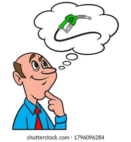 Thinking about Bio Fuel - A cartoon illustration of a man thinking about advantages of Bio Fuel.