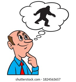 Thinking about Boggy Creek Monster - A cartoon illustration of a man thinking about the Boggy Creek Monster.