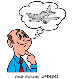 Pensando en reservar un vuelo - Dibujo de caricatura de un hombre pensando en reservar un vuelo para unas vacaciones.