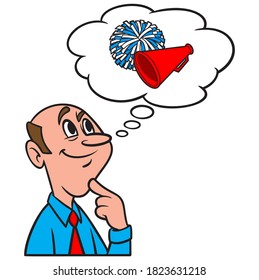 Thinking about Cheerleading - A cartoon illustration of a man thinking about Cheerleading.
