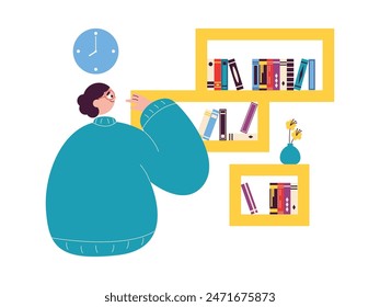 Thinking about choosing an interesting book to read in your free time, library vector illustration.