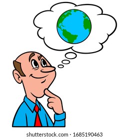 Pensar en el cambio climático - Una caricatura ilustrativa de un hombre que piensa en los efectos del cambio climático.