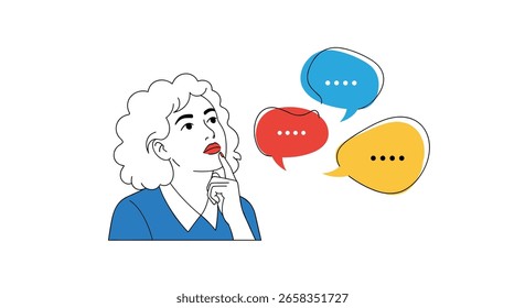 Denken über Kommunikation und Ideen mit Gedankenblasen, die verschiedene Gespräche darstellen