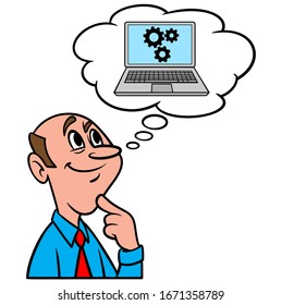 Pensar en las computadoras - Una ilustración de caricatura de un hombre que piensa en las computadoras.