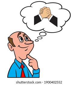 Pensando en un Cool Handshake (apretón de manos frío) - Una ilustración de caricatura de un hombre que piensa en un Cool Handshake (apretón de manos frío).