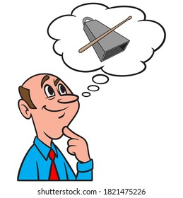 Thinking about a Cowbell and Drumstick - A cartoon illustration of a man thinking about a Cowbell and Drumstick.