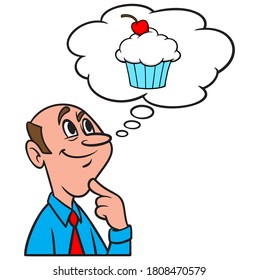 Denken Sie an einen Cupcake - Eine Cartoon-Illustration eines Mannes, der darüber nachdenkt, einen Cupcake zu essen.