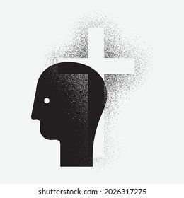 Pensando en el concepto de la muerte. Cabeza humana con cruz cristiana. Ilustración vectorial, aislada en fondo blanco