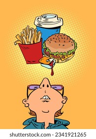 Thinking about delivering delicious fast food to your home. Bad food for our health, and we still want it. A man with glasses looks up, and there are french fries, a burger, soda and sauce.