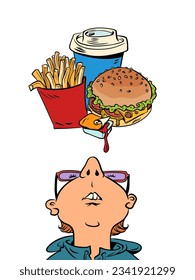 Thinking about delivering delicious fast food to your home. Bad food for our health, and we still want it. A man with glasses looks up, and there are french fries, a burger, soda and sauce.