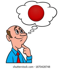 Thinking About Dodgeball - A Cartoon Illustration Of A Man Thinking About Playing Dodgeball.