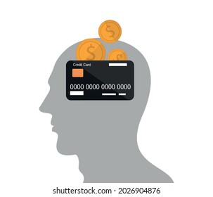 Pensar en el icono del dólar y la tarjeta de crédito en la mente humana, el concepto de finanzas, el signo del dinero en el fondo blanco. Empresario con icono de dólar en estilo de contorno para móviles, diseño web .Vector gráficos.