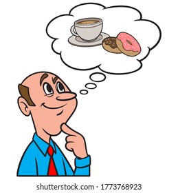Pensar en Donuts y Café - Una caricatura ilustrativa de un hombre que piensa en una taza de café y donuts.