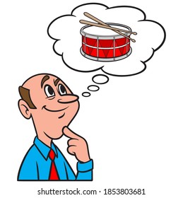 Thinking about Drums - A cartoon illustration of a man thinking about Drums.