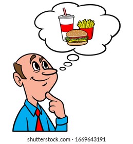 Pensar en comer comida rápida - Un dibujo animado de un hombre que piensa en comer comida rápida.