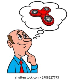 Denken Sie an einen Fidget Spinner - Eine Cartoon-Illustration eines Mannes, der über einen Fidget Spinner für Stress nachdenkt. 